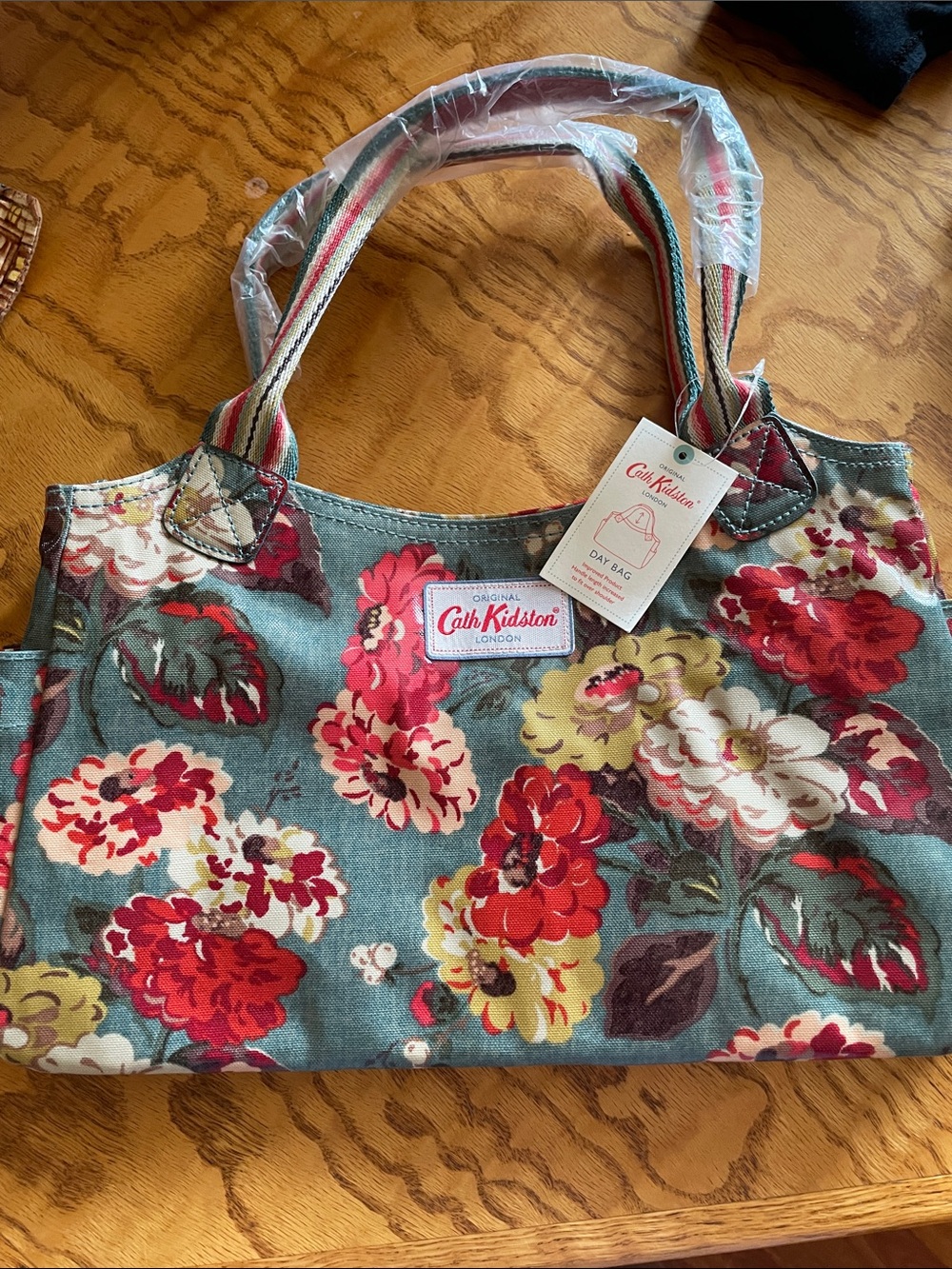 Cath Kidston Teal Floral Canvas Tote with Red and Cream Blooms